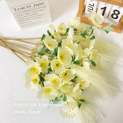 NoriStyle Silk White Artificial Poppy Flowers 6 Pcs Long Stems Indoor Decor