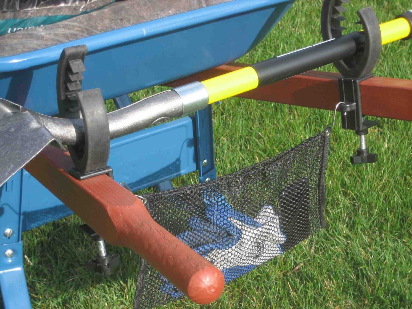 GrizzlyGrip Wheelbarrow Tool Holder with Mesh Bag Secures Tools Nylon