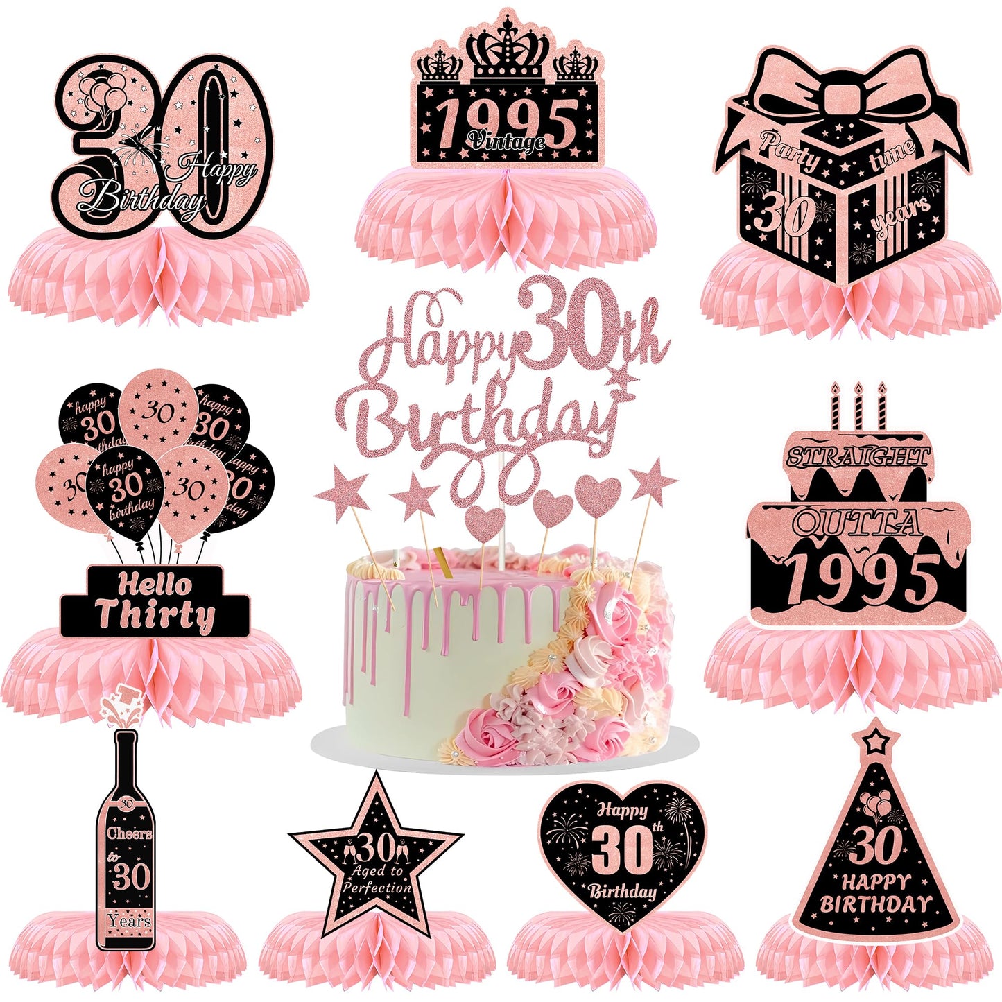 ITHKIRHO 30th Birthday Honeycomb Centerpieces Rose Gold 10 Pcs Decorations