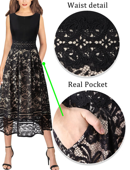 VFSHOW Womens Black Lace Tie Waist Front Zipper Slim A-Line Dress Size L
