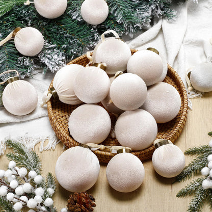 HyDren 24Pcs Beige Velvet Shatterproof Christmas Ornaments Balls 3.15,2.76,2.36"