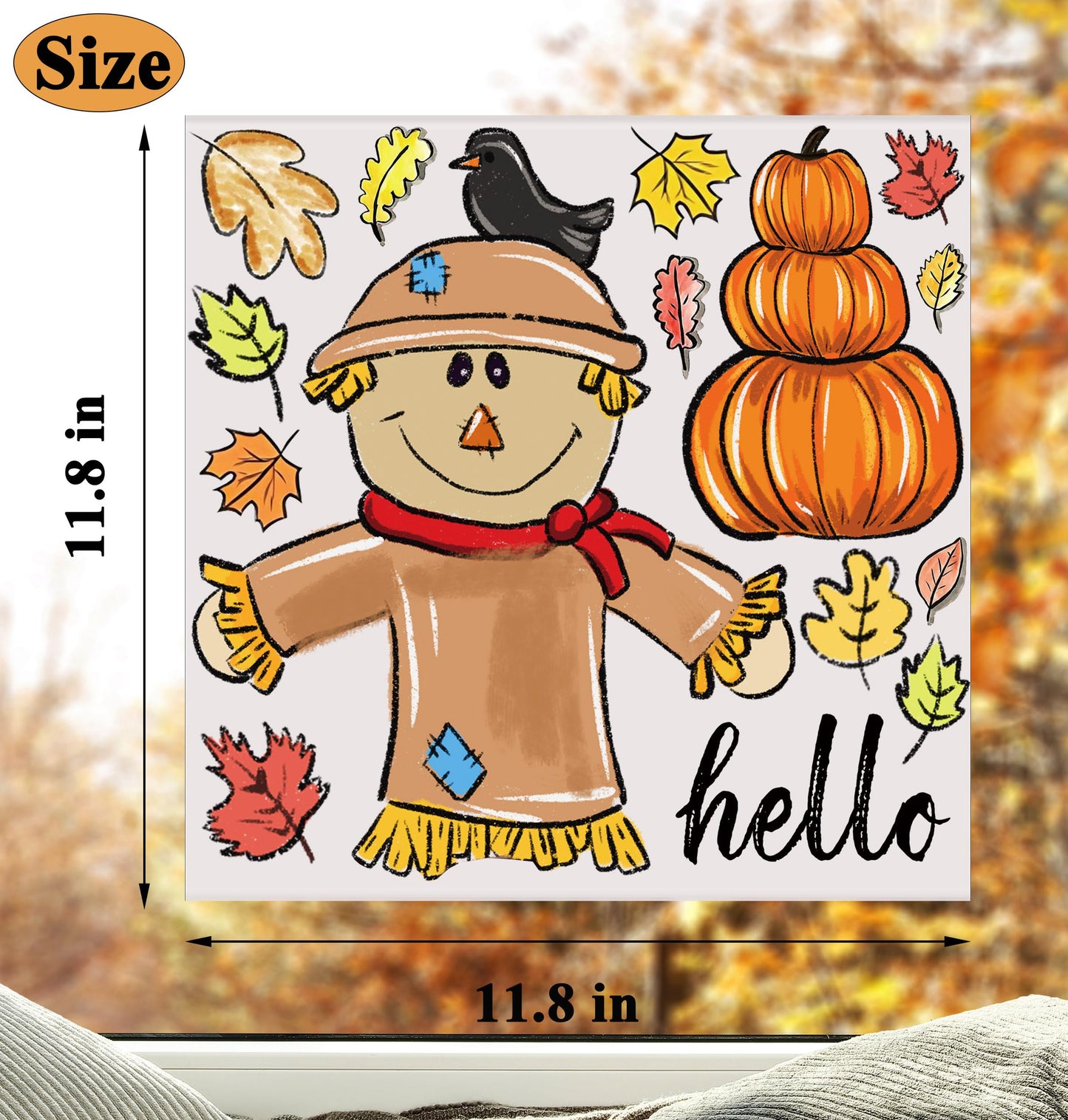 OWUH Fall Window Clings 6 Sheets Pumpkin Maple Leaves Scarecrow Brown