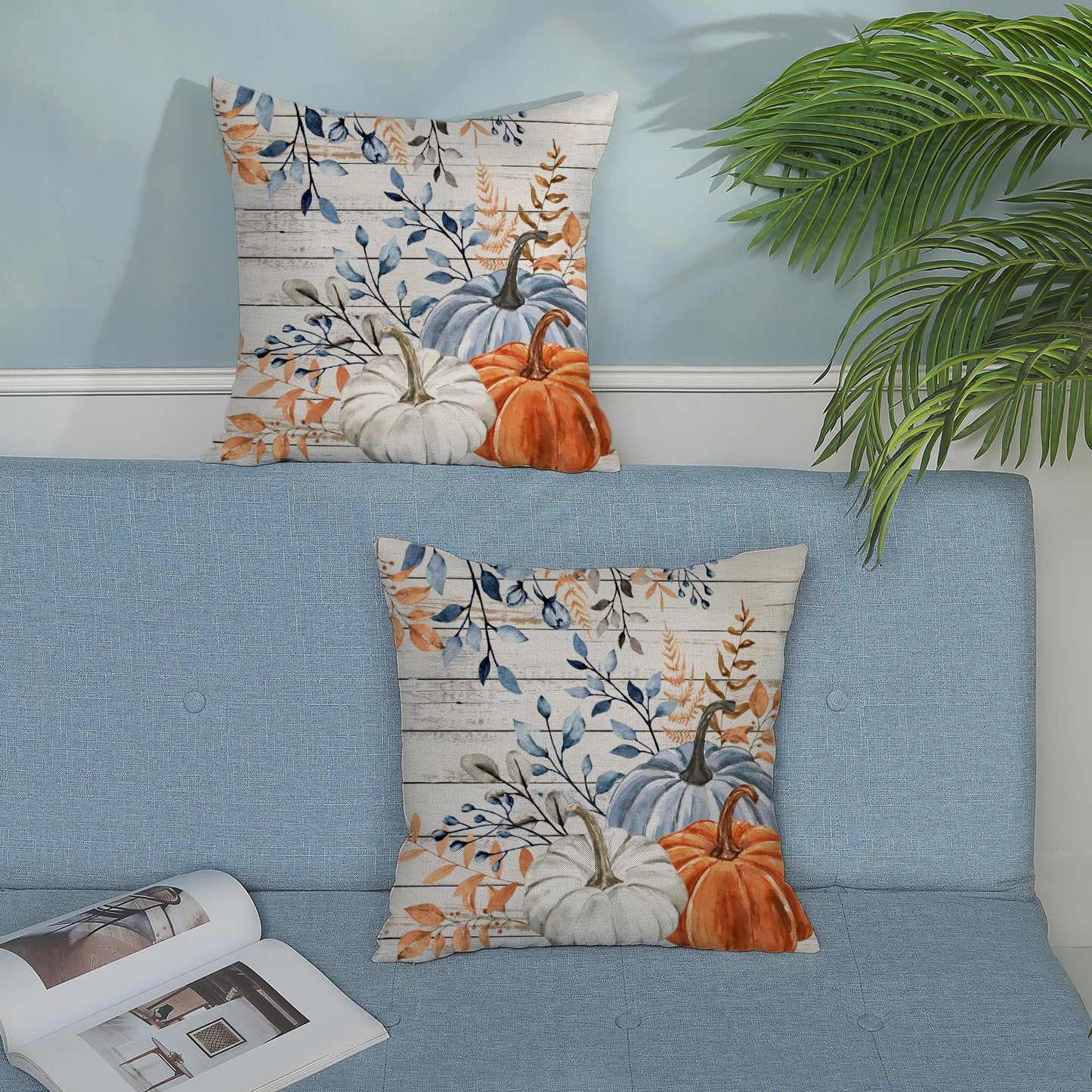 Yxuiyal Fall Pillow Covers 18x18 Set of 2 Blue Orange Pumpkin Leaves