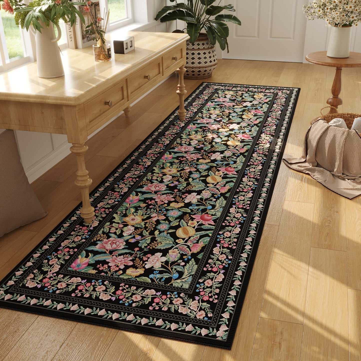 Vowkten Kitchen Runner Rug 2'x6' Non Slip Washable Black Vintage Polyester