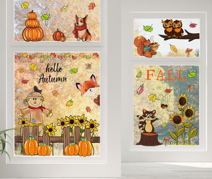 OWUH Fall Window Clings 6 Sheets Pumpkin Maple Leaves Scarecrow Brown
