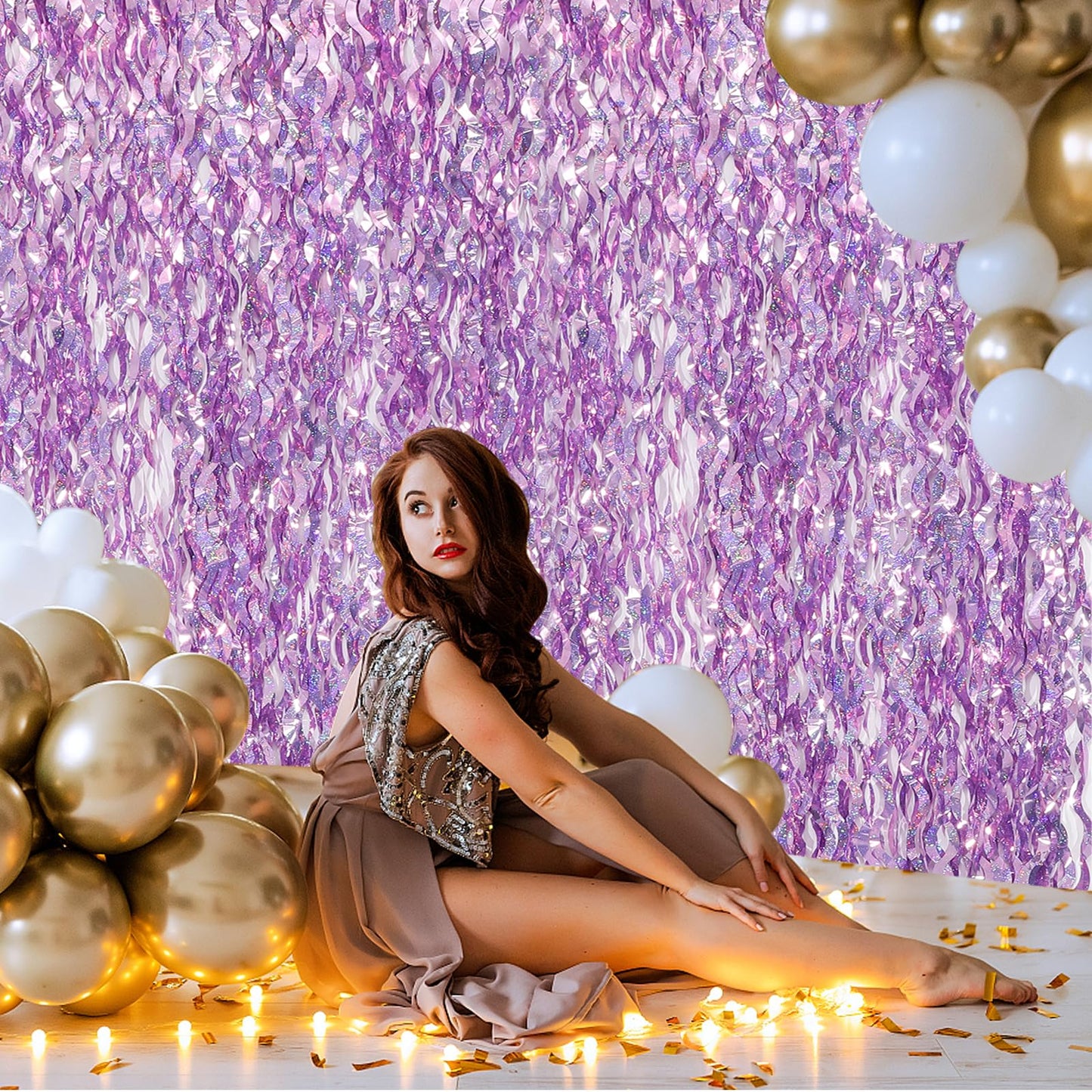 WBinFeng Lilac Pink Wave Party Backdrop Foil Fringe Curtain Streamers 2 Pack