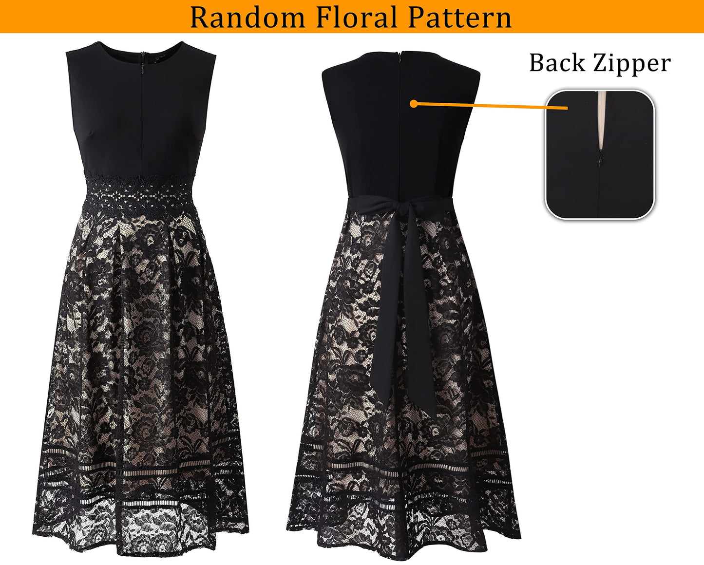 VFSHOW Womens Black Lace Tie Waist Front Zipper Slim A-Line Dress Size L