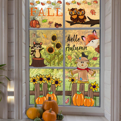 OWUH Fall Window Clings 6 Sheets Pumpkin Maple Leaves Scarecrow Brown