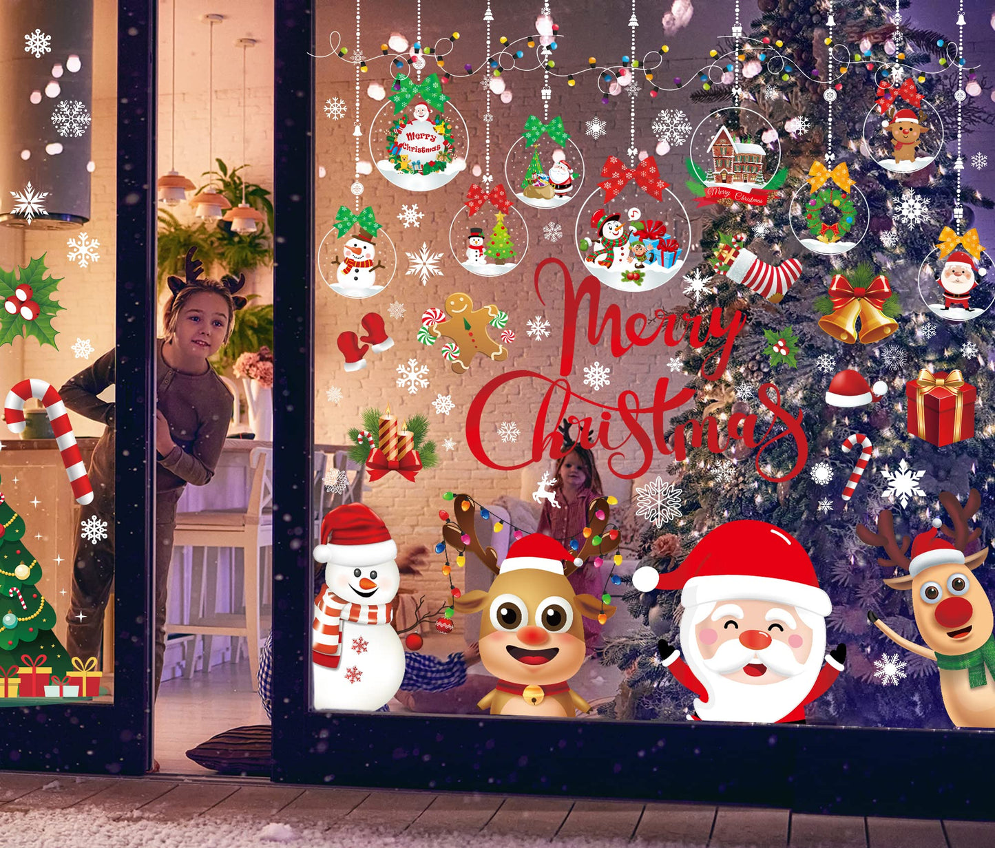 Joyful Start Christmas Window Clings Double Sided Snowflake Decals PVC