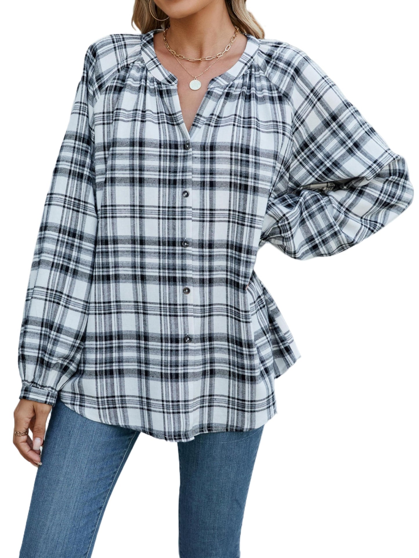 INFITTY Women's Long Sleeve Plaid Flannel Shirt Jacket White Size S