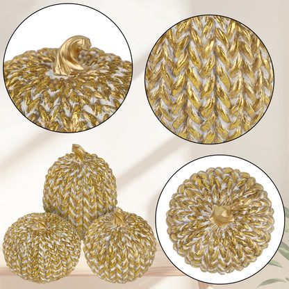 winemana Fall Decorations Set of 3 Gold White Resin Pumpkins Woven Design