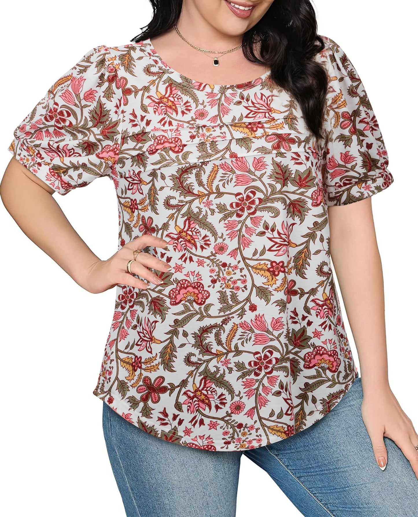 Uhiger Womens Summer Pleated Puff Sleeve Top Crewneck White Orange Flower Size S