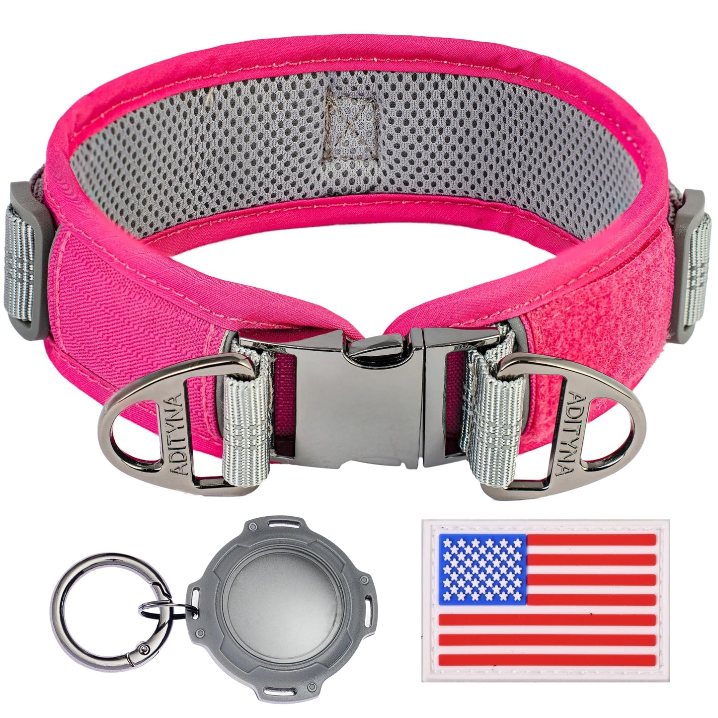 ADITYNA Durable 2-inch AirTag Dog Collar Reflective Metal Buckle Pink Size M