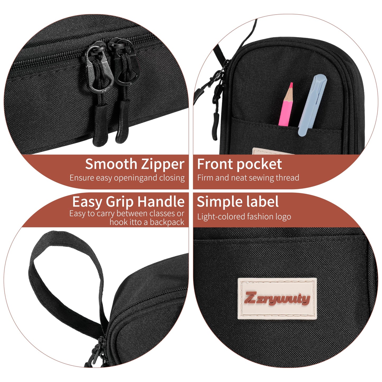 Zzrywuty Large Zipper Pen Case Pencil Pouch for Office Travel Black