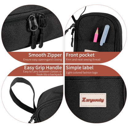 Zzrywuty Large Zipper Pen Case Pencil Pouch for Office Travel Black