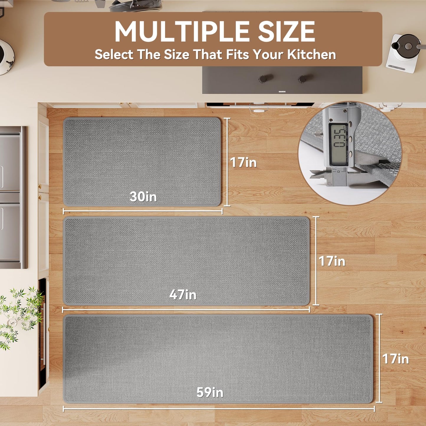 YDKGL Kitchen Rug Mat Non Slip Washable Gray Braided 17x47