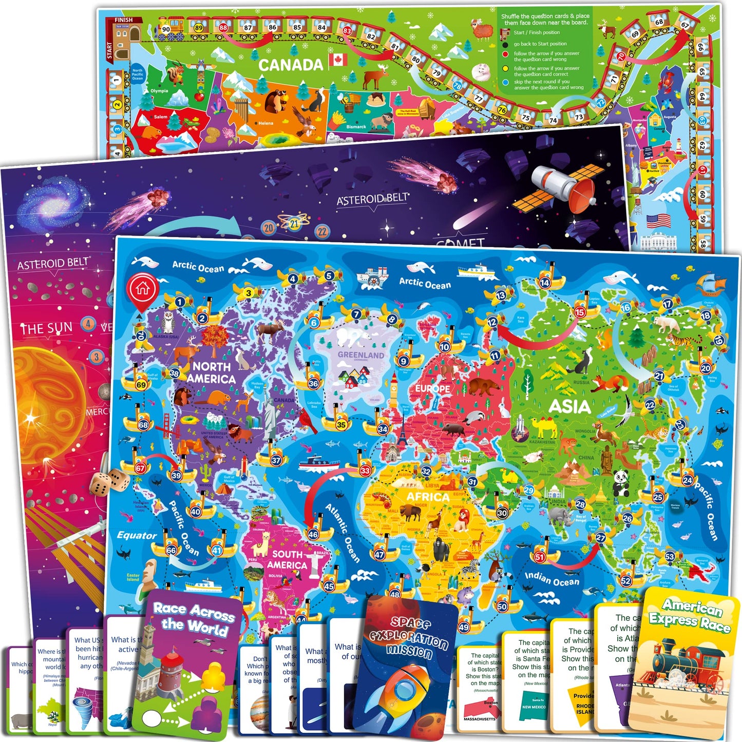 QUOKKA 3X Learning Board Games Set Educational Trivia Cards Kids Ages 6-8