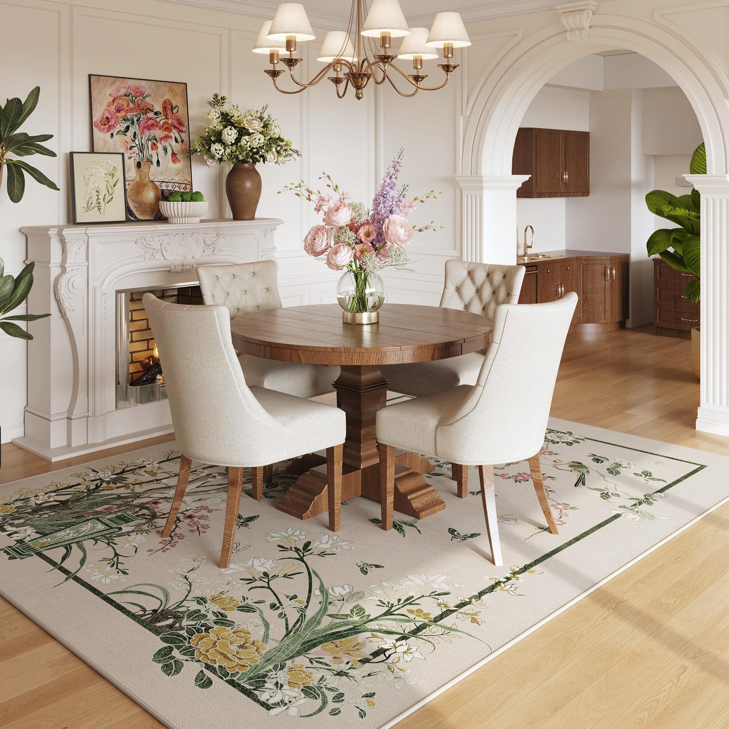 Vowkten 5x7 Chinoiserie Floral Vintage Washable Rug Non Slip Beige