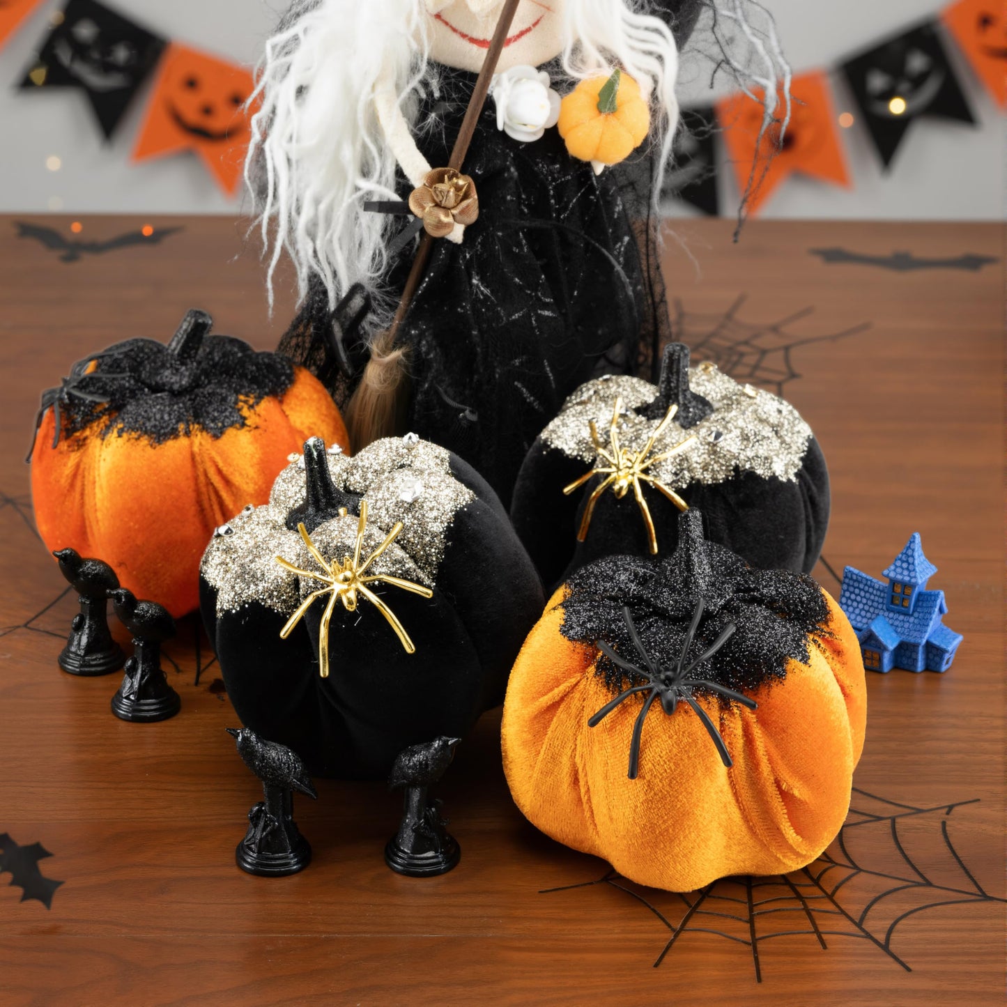 Generic Velvet Halloween Pumpkin Decor 4PCS Black Orange 3.94x3.54in