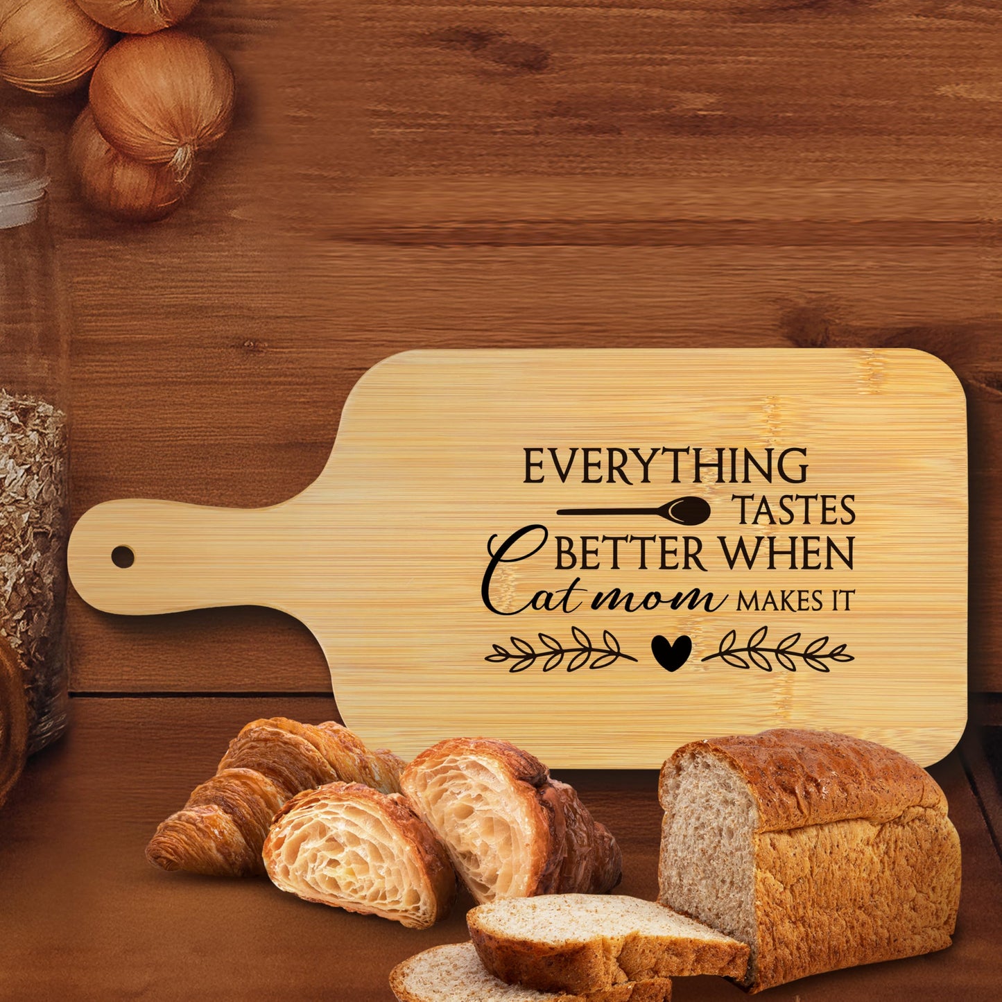 FONDCANYON Cat Mom 15x7 Cutting Board with Handle Kitchen Gift