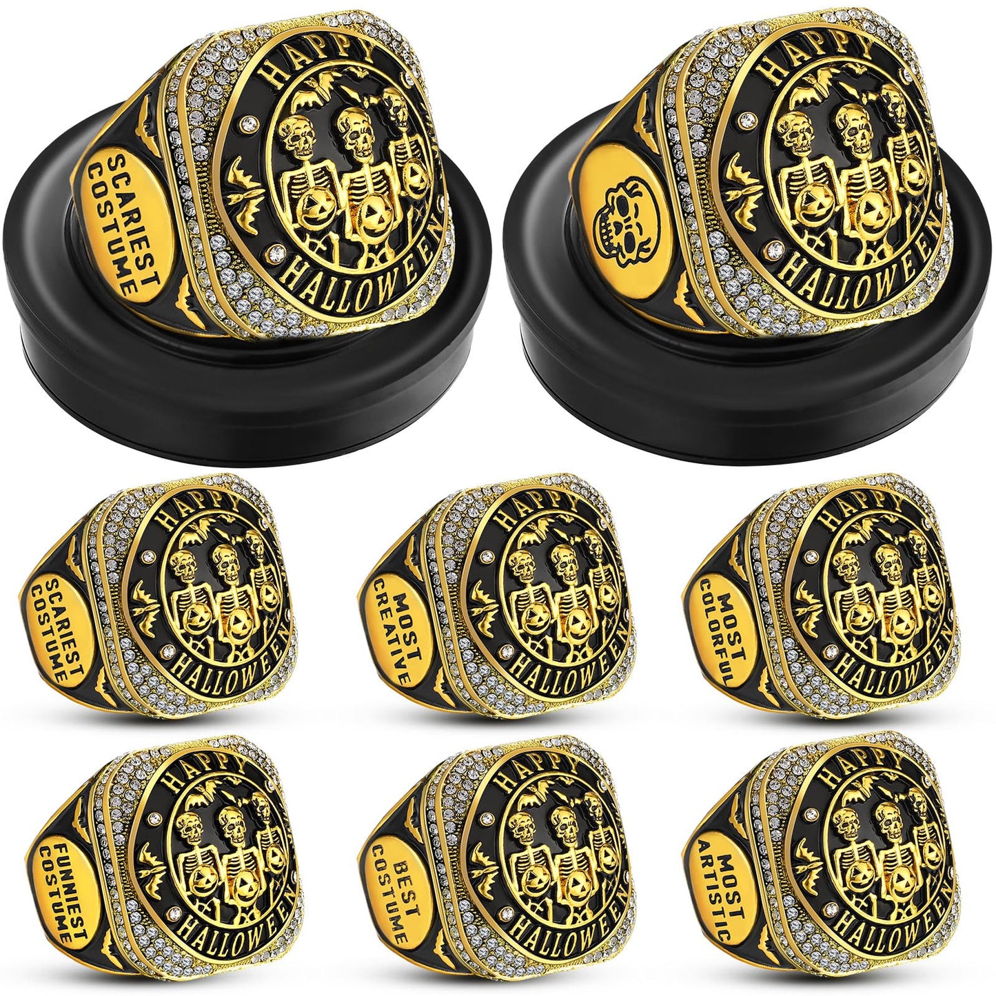 Highergo Halloween Skeleton Trophy Rings Set 6pcs with Neck Chain Stand