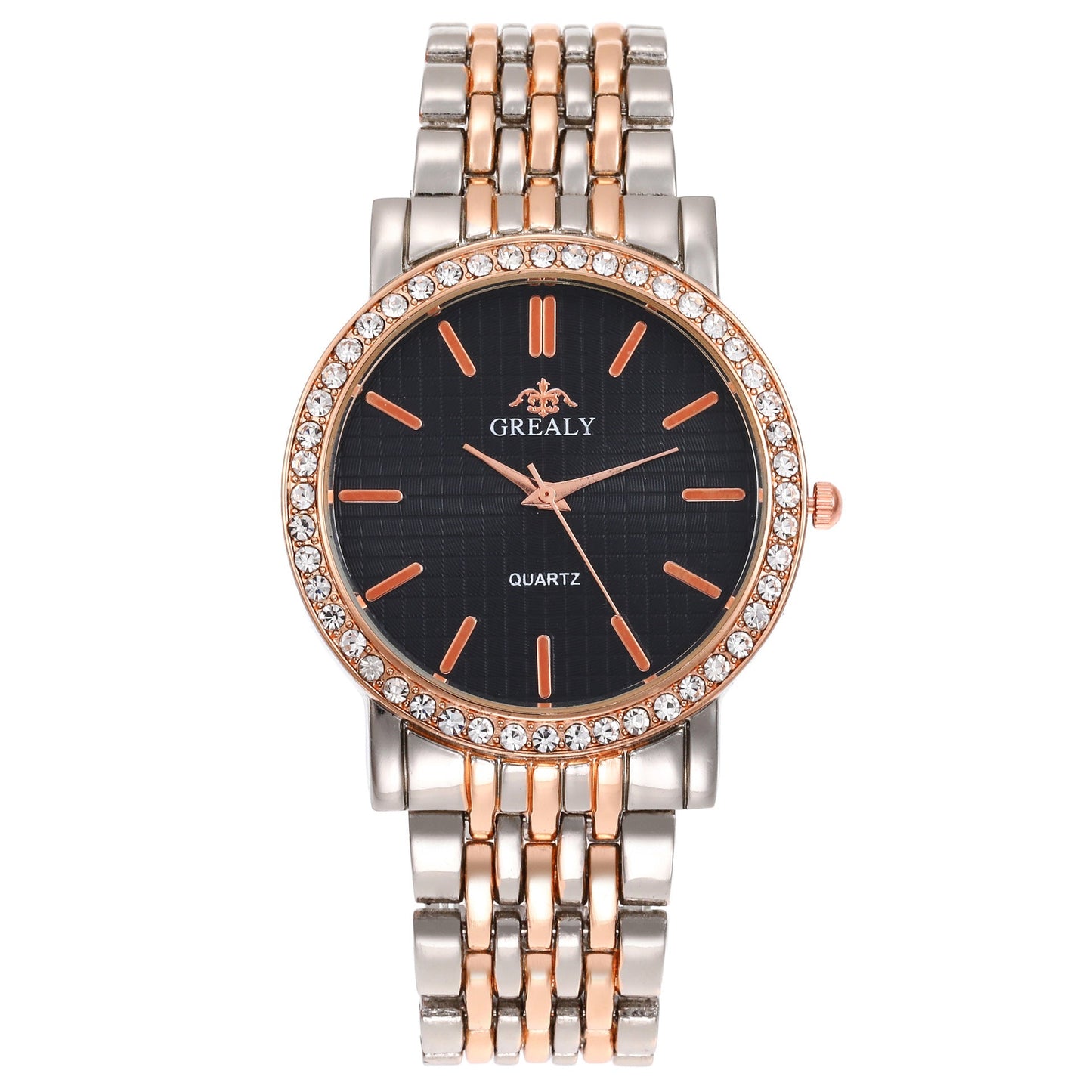 Simple Casual Quartz Watch with Steel Strap and Diamond Detailing