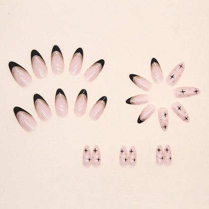 Sweet cool black French flash gold powder almond nails European and American fake nails removable nail pieces