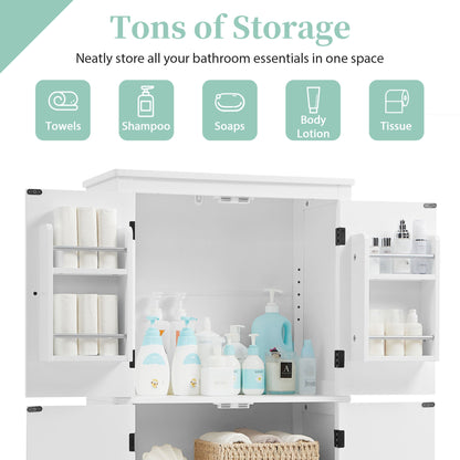 Bathroom floor storage cabinet, bathroom storage unit, 4-door independent cabinet, adjustable shelf, adaptive shelf, white