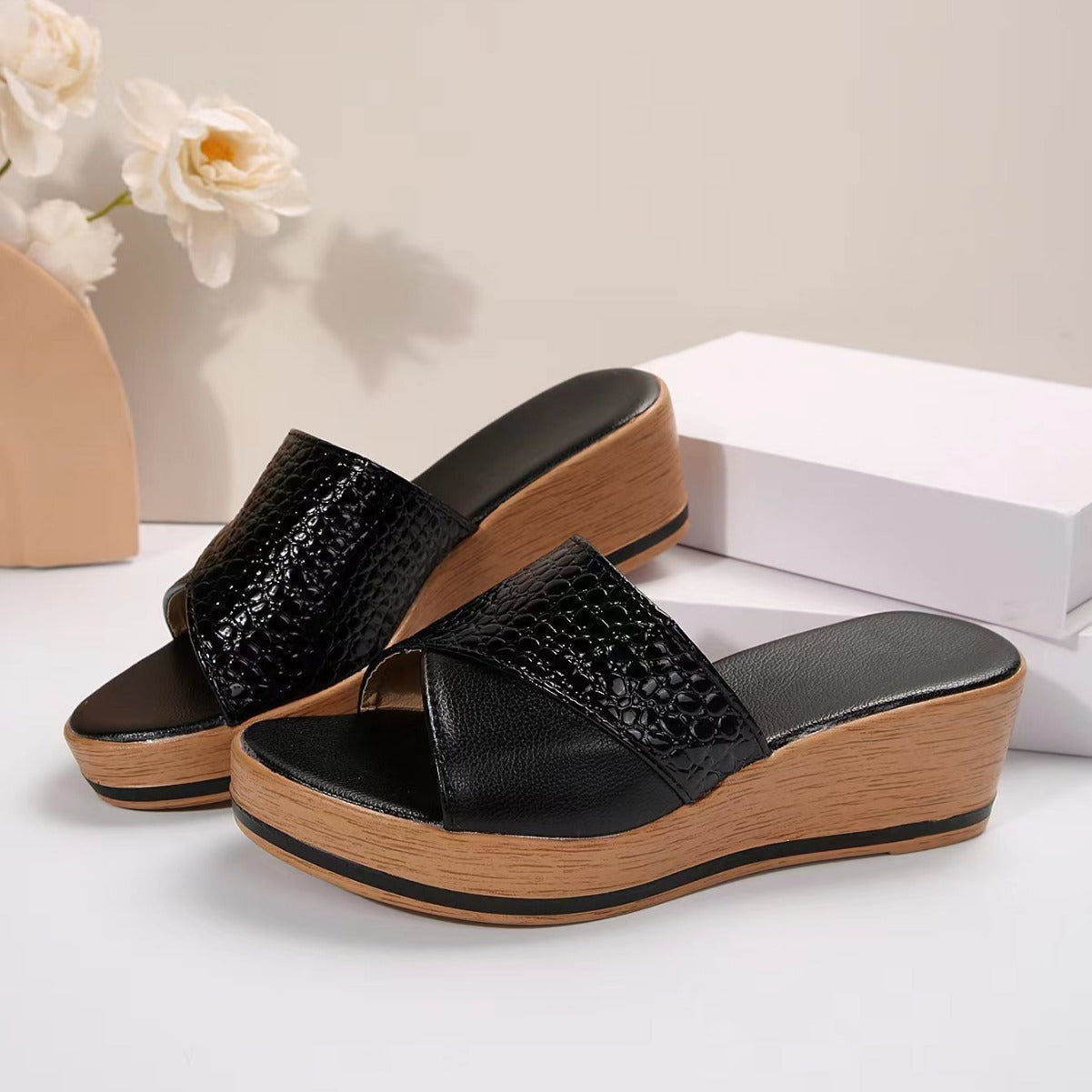 Women's Snake-Texture Peep-toe Wedge Sandals