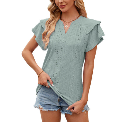 Solid Color Double-layer Sleeve V-neck Loose Short Sleeve T-shirt Top