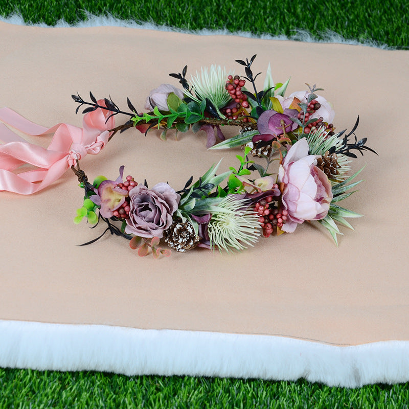 Vintage flower wreath autumn pine cone handmade simulation flower bridal hair accessory Hanfu headwear female