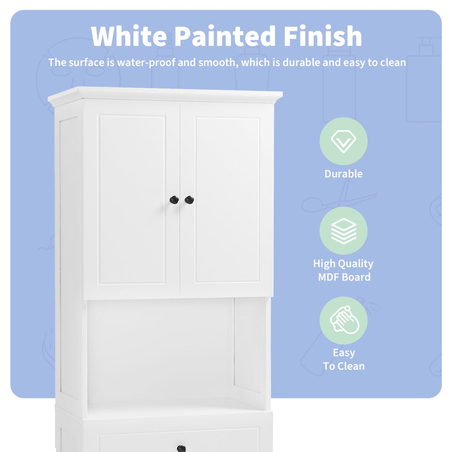 Tall Bathroom Cabinet with Four Doors, Large Storage Space Open Shelve, Upper Storage Cabinet, Whit