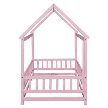 Twin Size Floor Wooden Bed with House Roof Frame, Fence Guardrails,Pink