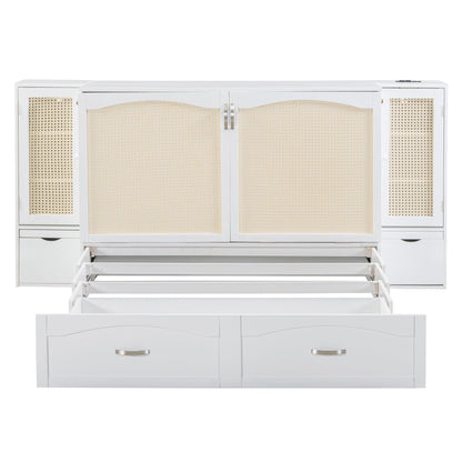 Large Murphy bed wall mounted bed with drawers, 2 storage cabinets, 1 set of sockets and USB ports, white