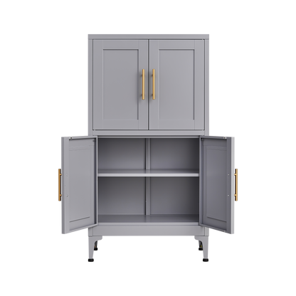 Grey metal kitchen storage cabinet, kitchen pantry storage cabinet with door and shelf, adjustable leveling feet