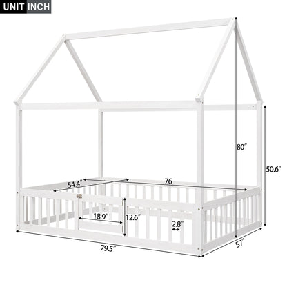Full Size Wood House Bed with Fence and Door White Wash