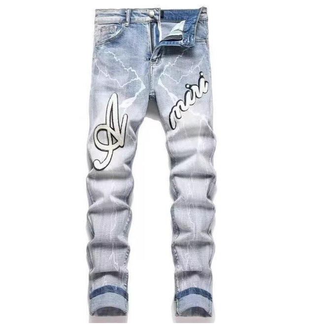 Punk Retro Blue Ripped Slim Fit Men's Jeans