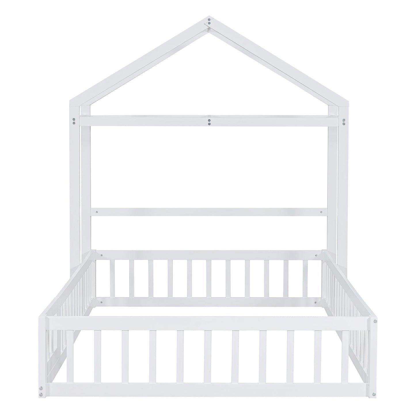 Wooden Full Size Children's Bed with Detachable Headboard and Integrated Clothes Drying Rack, White