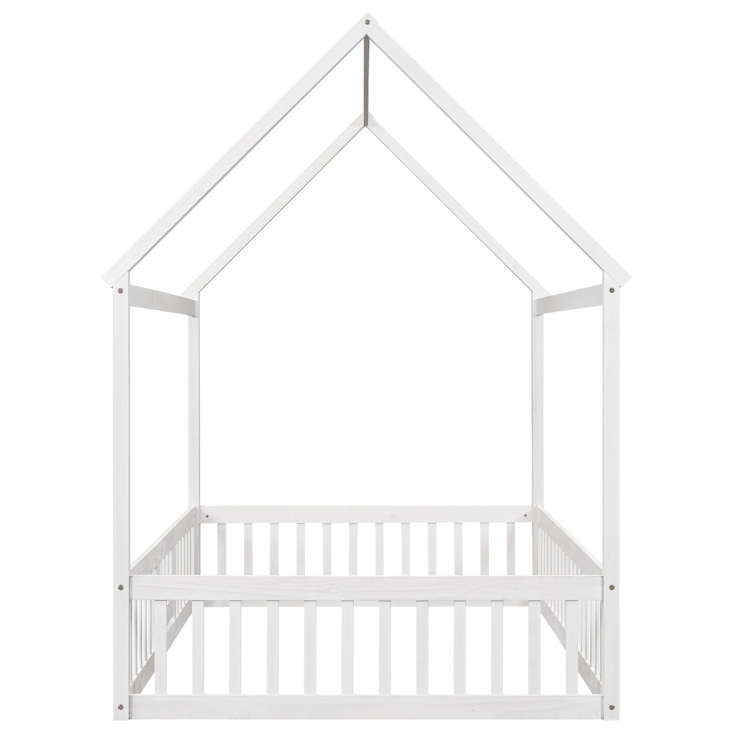 Full Size Wood House Bed with Fence and Door White Wash