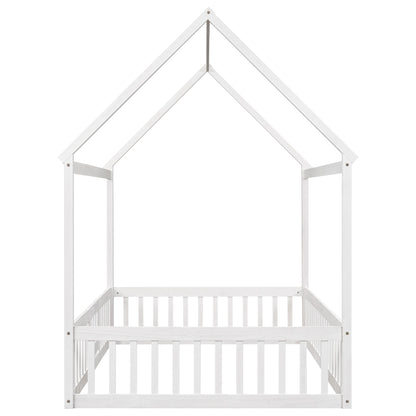 Full Size Wood House Bed with Fence and Door White Wash