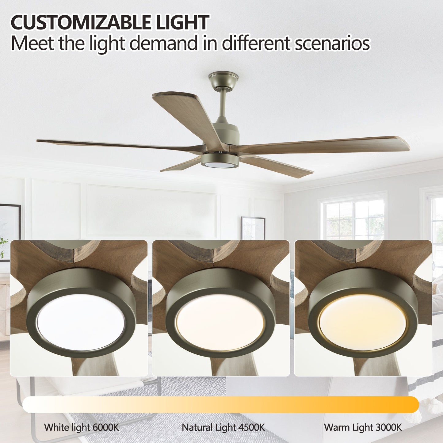 60 "modern wooden ceiling fan with lighting and remote control, 6-speed noiseless reversible DC motor ceiling fan