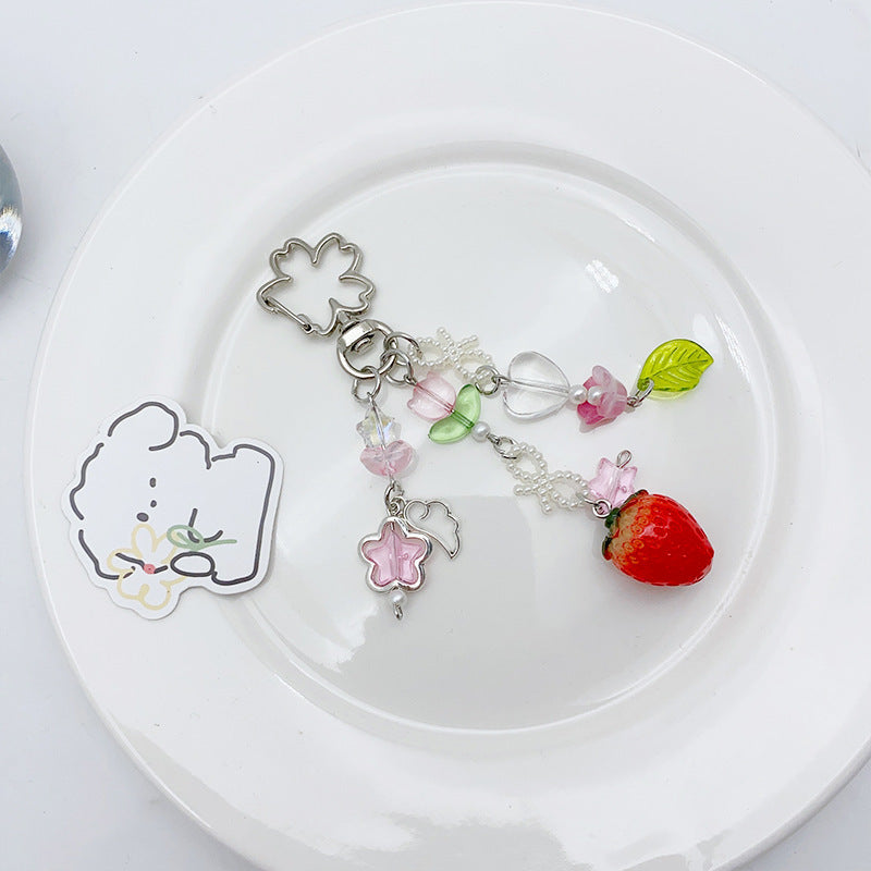 Cute Strawberry Beaded Pendant Keychain