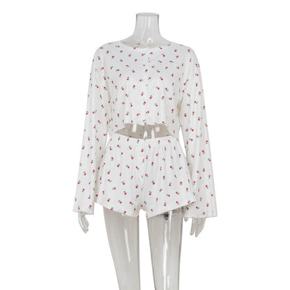 Printed round neck long sleeved cardigan with exposed waist top loose casual shorts set for women