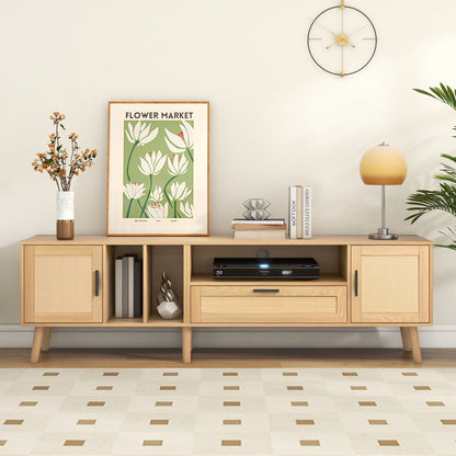 Vine TV stand with 2 cabinets and 2 open shelves, suitable for TVs under 80 inches, with solid wood legs for TV cabinets