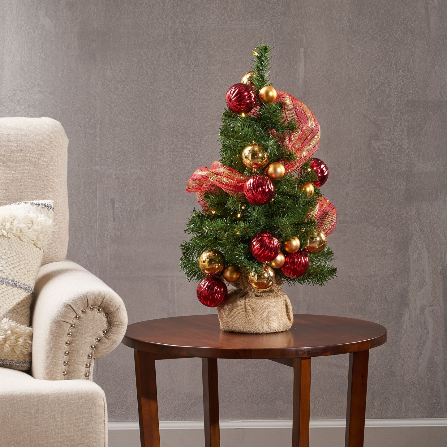2'RED/GOLD DECORATION BURLAP TREE WITH 50 WARM WHITE LED LIGHTS-BATTERY OPERATED