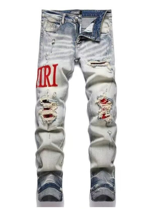 Punk Retro Blue Ripped Slim Fit Men's Jeans