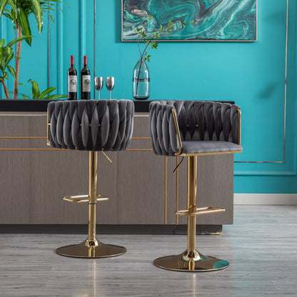 Set of 2 Bar Stools with Chrome Footrest and Base Swivel Height  Velvet + Golden Leg Simple Bar Stool-Grey