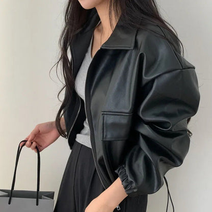 Lapel Double Zipper Pocket Long Sleeve Leather Coat
