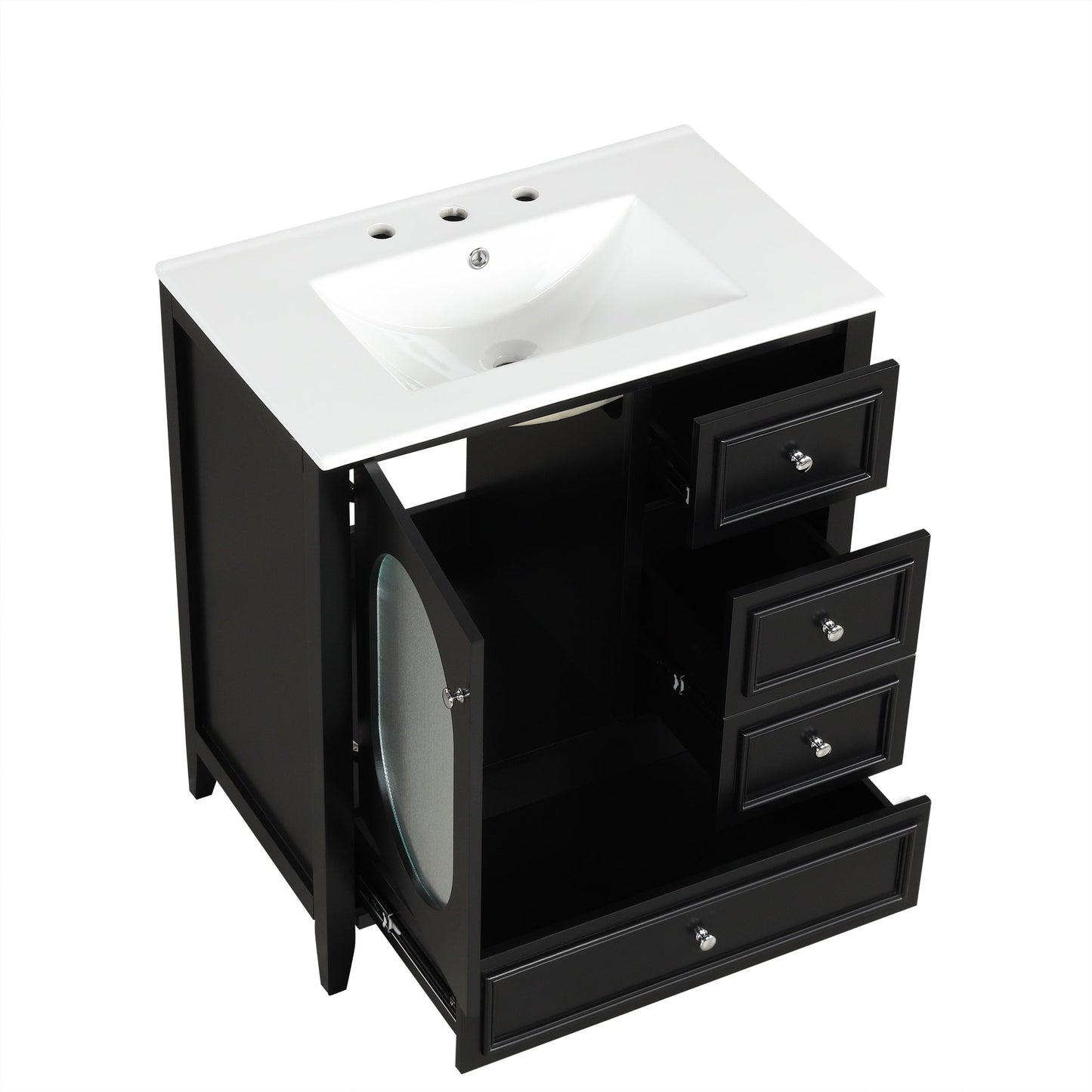 30" Bathroom Vanity with Sink, Bathroom Vanity Cabinet with Three Drawers and Door, Solid Wood and MDF, Black