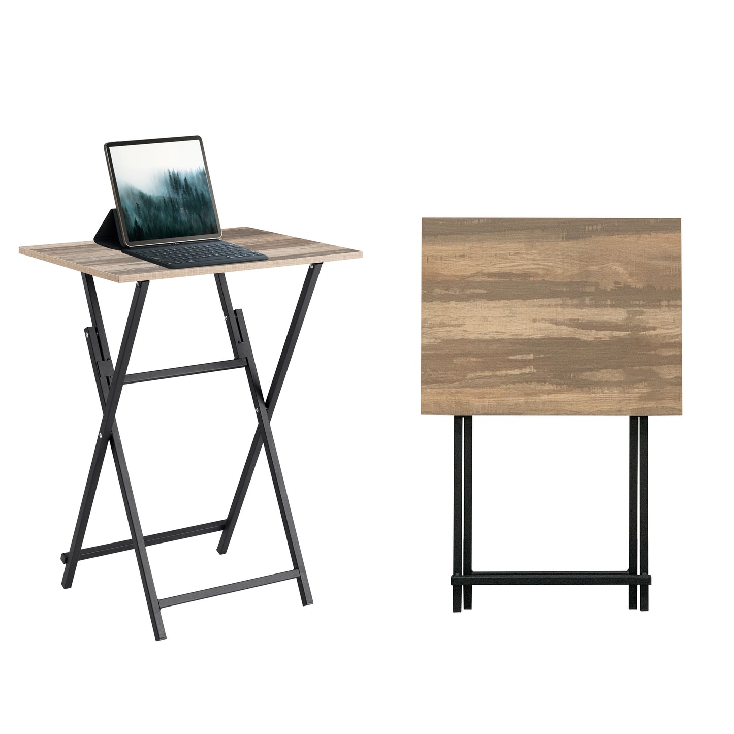 2-piece folding TV tray table without assembly, portable sofa side table, brown and black